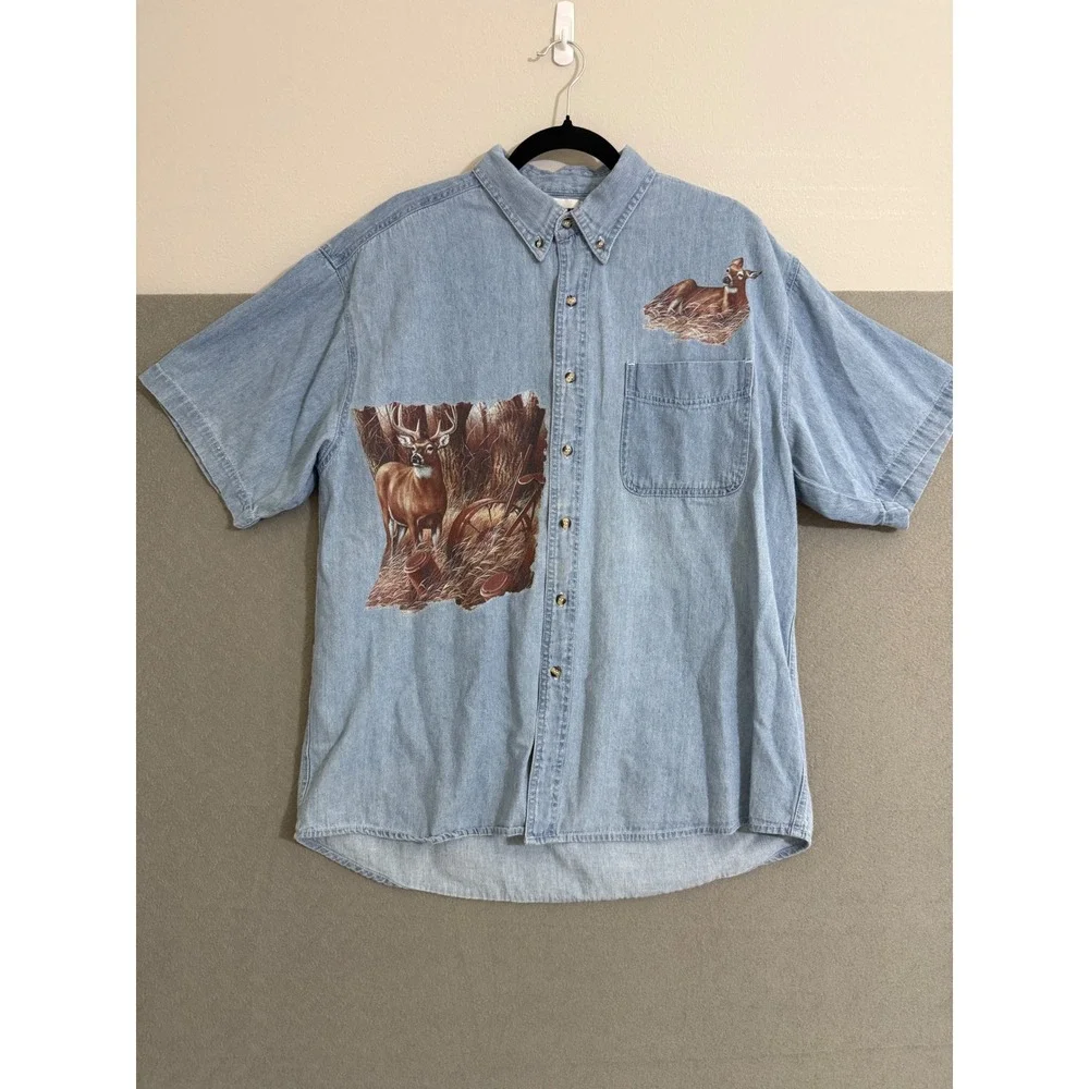 Mens Vintage Deer Graphic Denim Shirt Short Sleeve Light Wash Large hunter fade - Picture 2 of 10